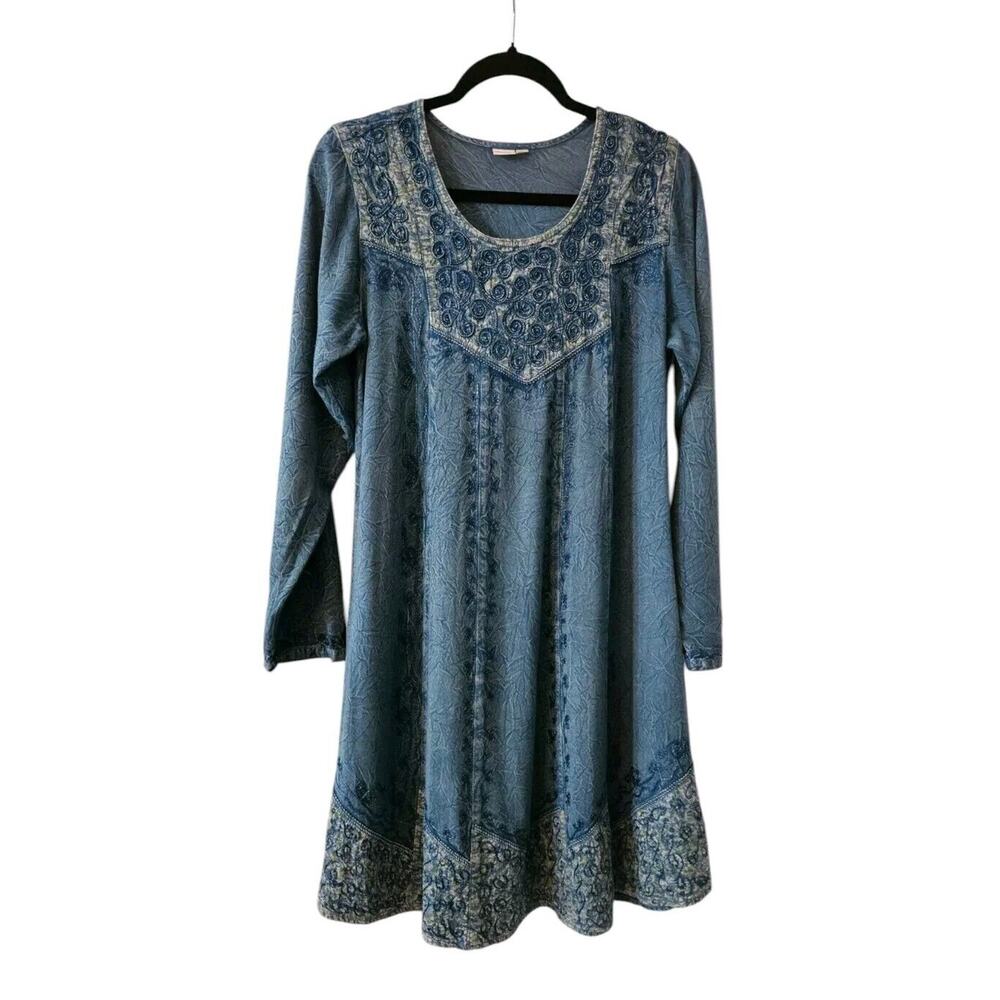 Womens Embroidered Mini Dress Blue Size Small Dyed Wrinkled Look